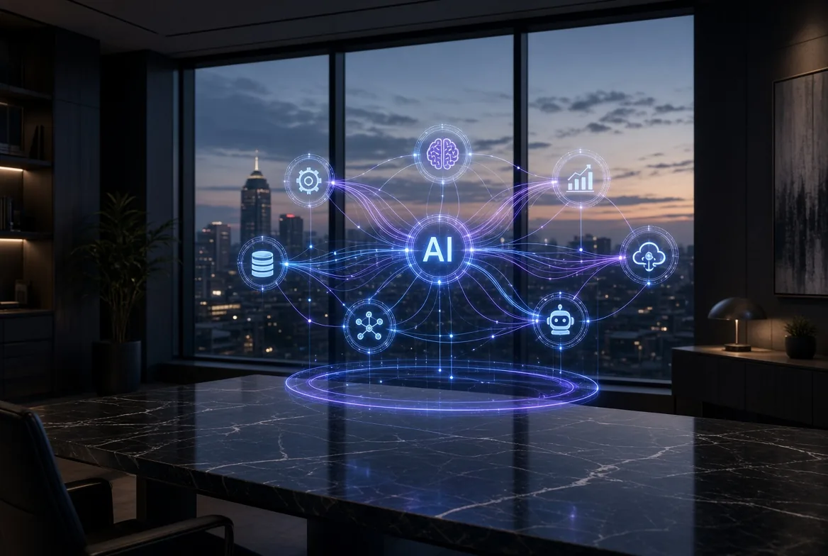 Abstract visualization of an AI workflow — connected nodes for data, analytics, cloud and automation radiating from a central hub